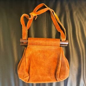 Vintage 1970s Burnt Orange Suede Purse Boho Chic Unique Wooden Top Hippie Art